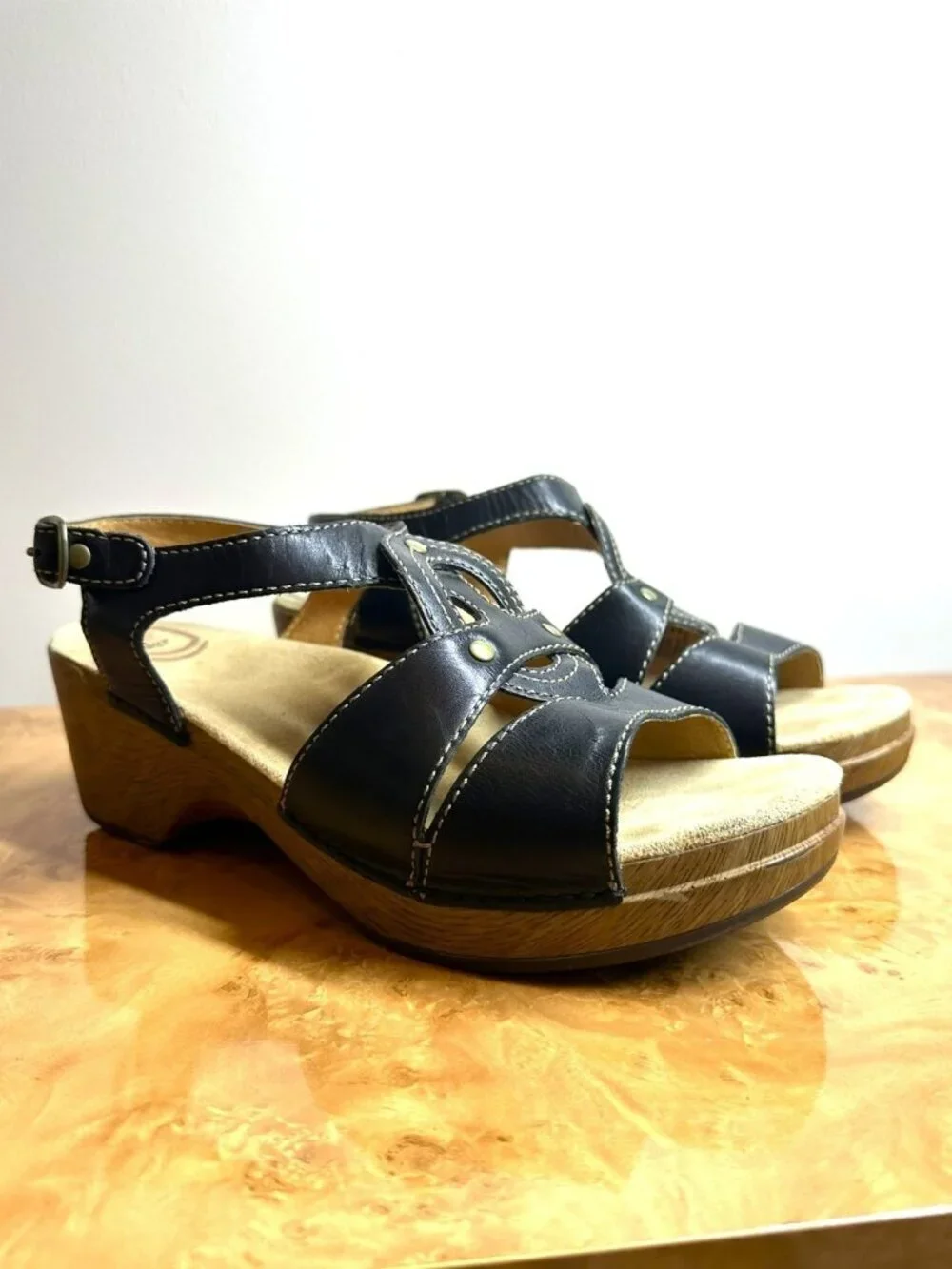 Dansko Black Leather Comfort Wedge Sandals Size 42 US 11-11.5
